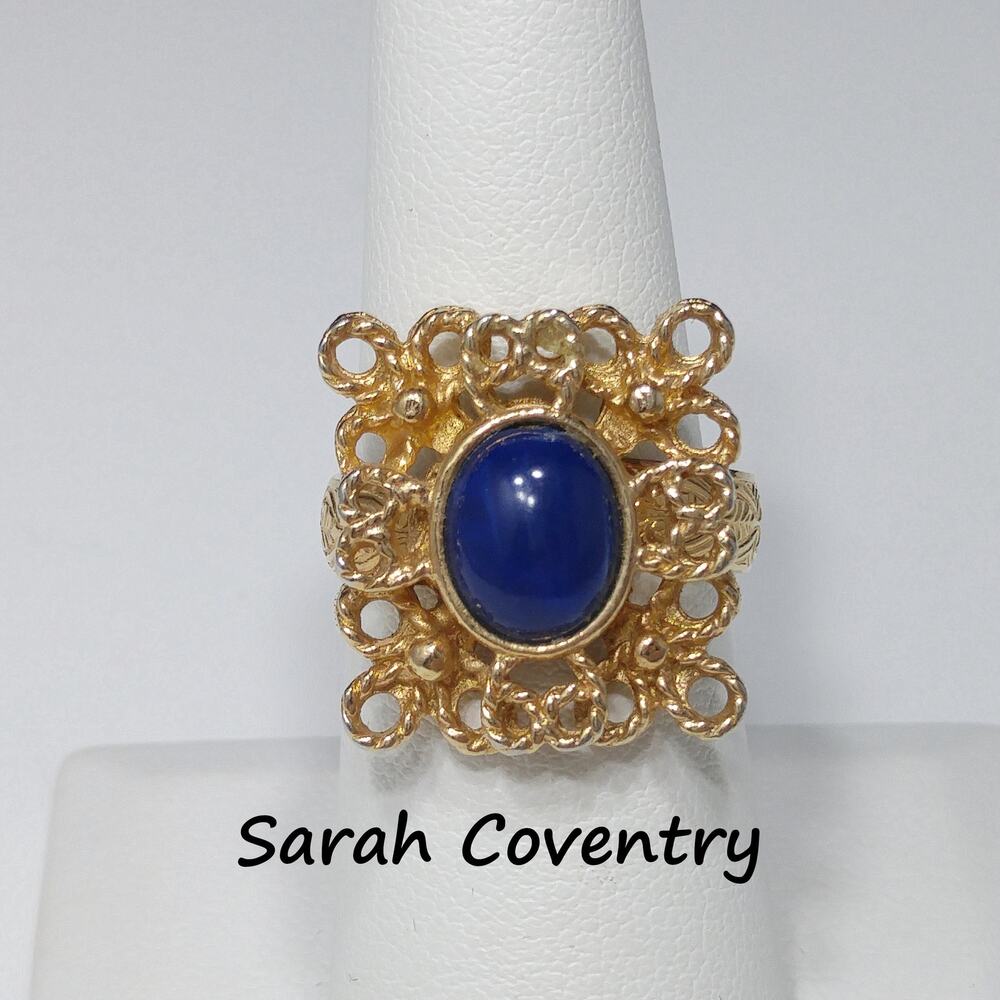 Sarah Coventry Victoria Blue Ring Gold Tone Open Weave Adjustable 1970s